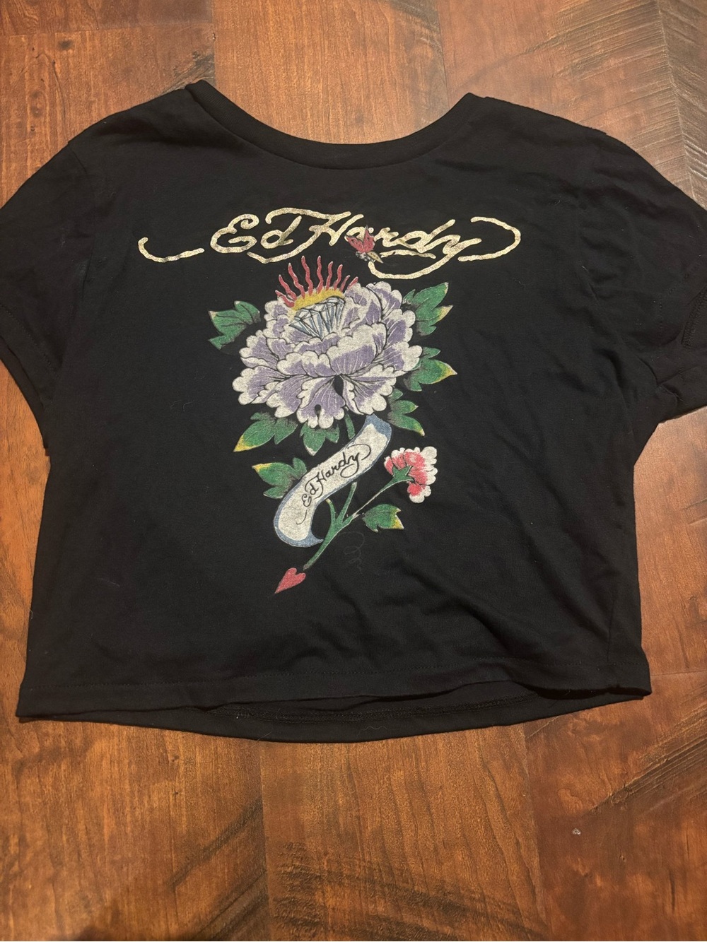 Ed Hardy Black Floral Banner Crop Top